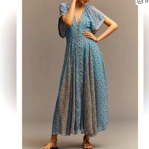 Maeve for Anthropologie Blue Floral boho button front detail Maxi Dress New